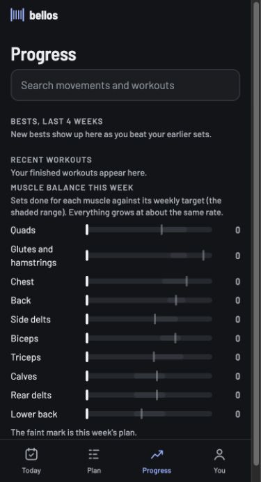 bellos Progress view with empty personal-best and recent-workout sections, plus weekly muscle-balance targets.