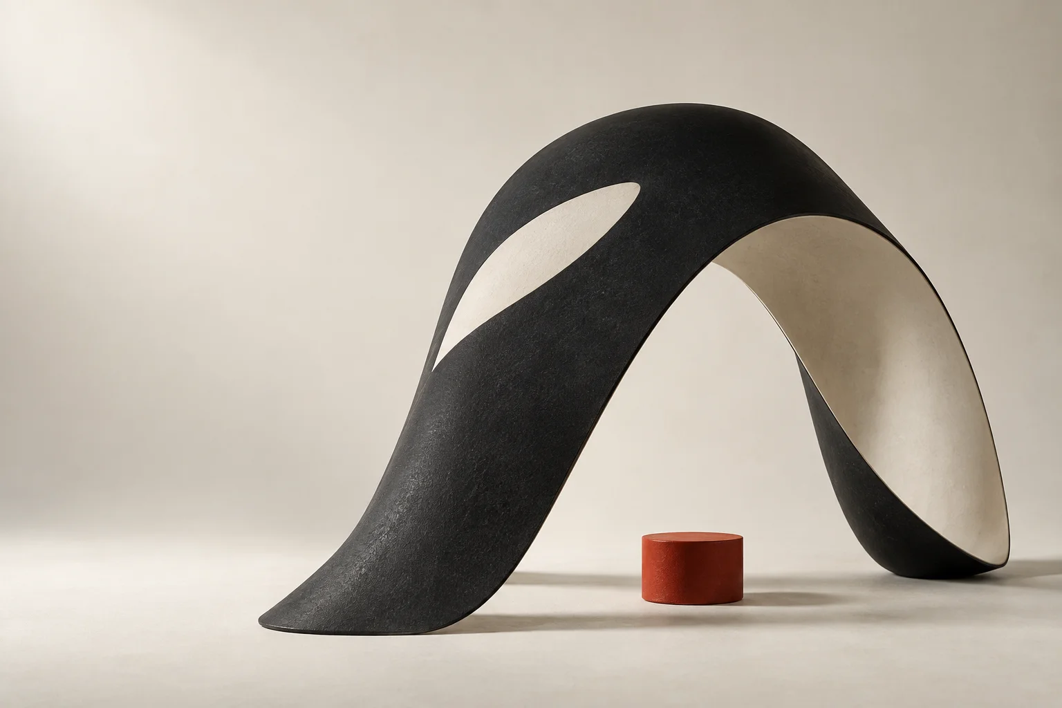 Abstract black and ivory orca sculpture curving around a vermilion cylinder.