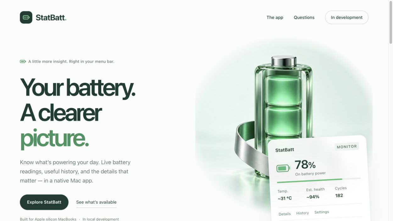 StatBatt’s archived landing preview with an emerald battery sculpture and an illustrative menu-bar panel. Open the project record.