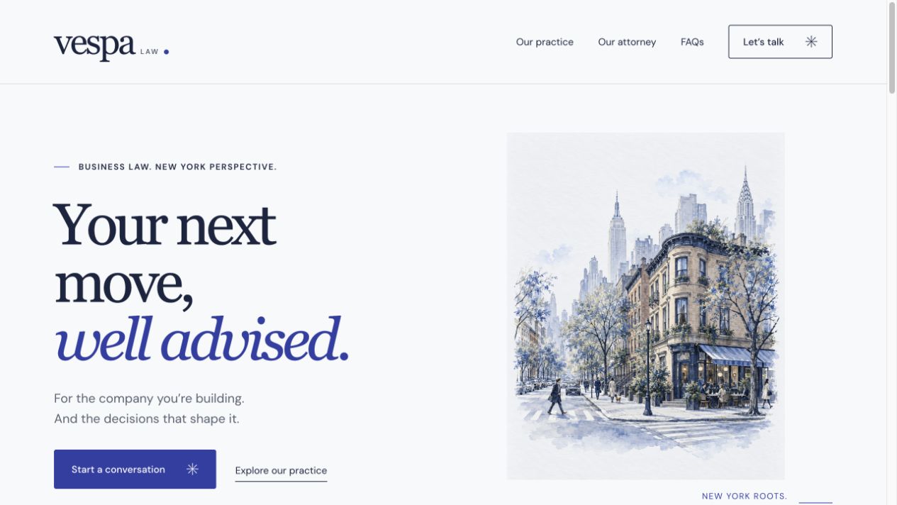 Visit Vespa Law: a website concept with navy typography, the headline Your next move, well advised, and a watercolor New York streetscape.